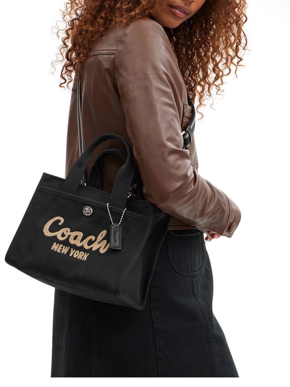 Coach Black Canvas Tote with Gold Script Logo and Charm